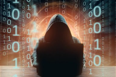 Hacker hood, hacker saldırı, adam, karışık teknik silüeti'ı. Bir ani saldırı, şifreleme, veri güvenliği kavramı.