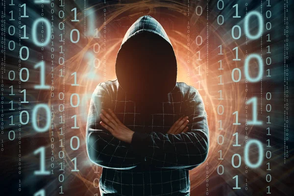 フード ハッカーの攻撃 ミクスト メディアの人間のシルエットでハッカー 突然の攻撃 暗号技術 データ セキュリティの概念 — ストック写真