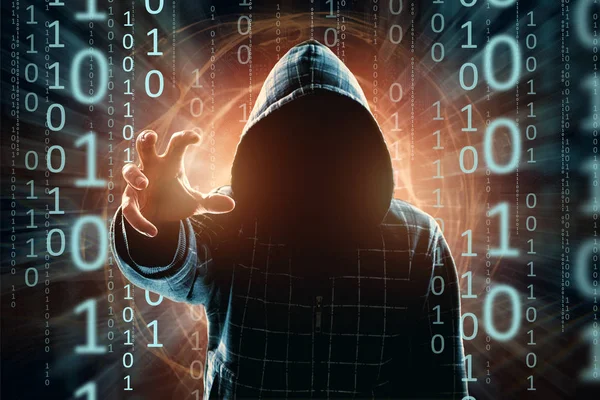 フード ハッカーの攻撃 ミクスト メディアの人間のシルエットでハッカー 突然の攻撃 暗号技術 データ セキュリティの概念 — ストック写真