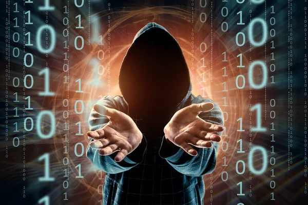 Jonge Hacker Een Kap Afkopen Handen Uitrekken Naar Voren Hacker — Stockfoto