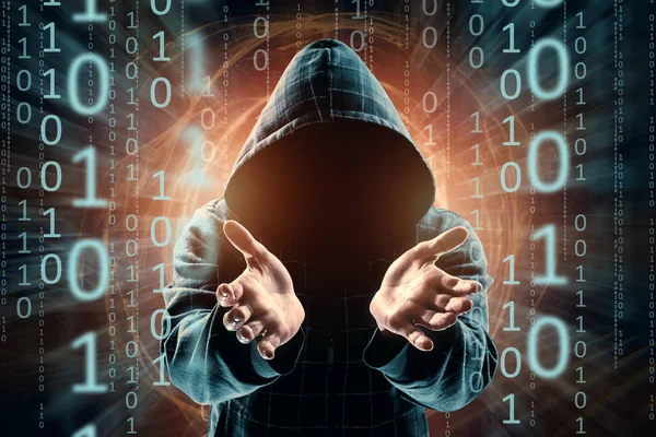 フードの若いハッカーは ハッカーの攻撃 ミクスト メディアの男のシルエットを前方に伸びる手を譲り渡しています 突然の攻撃 暗号技術 データ セキュリティの概念 — ストック写真