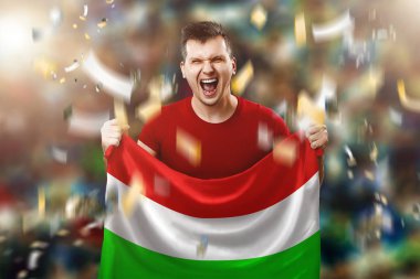 Macar fan, Macaristan bayrağı elinde tutan bir adam hayranı. Stadyumda futbol hayranı. Karışık teknik