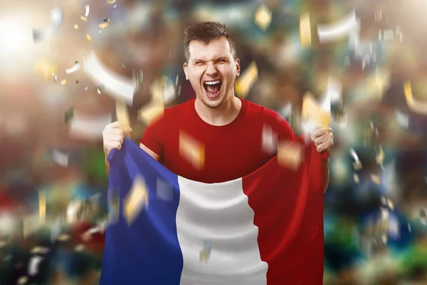 Fransız hayranı, Fransa ulusal bayrak onun elinde tutan bir adam hayranı. Stadyumda futbol hayranı. Karışık teknik — Stok fotoğraf