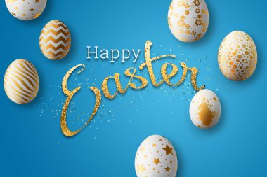 Mutlu Paskalya, Paskalya yortusu yumurta mavi bir arka plan üzerine boyalı. Beyaz altın desen.