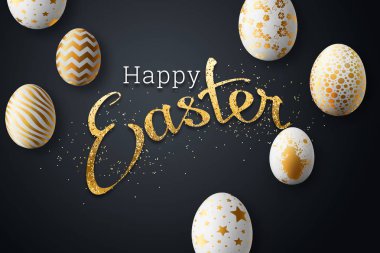 Mutlu Paskalya, Paskalya yumurtaları renkli bir arka plan üzerinde boyalı. Beyaz altın desen.