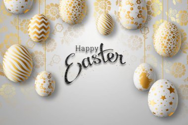 Mutlu Paskalya, Paskalya yumurta beyaz zemin üzerine boyalı. Beyaz altın desen.