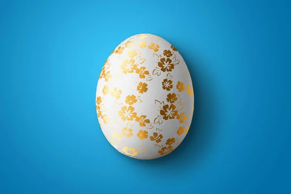 Happy Easter, painted Easter egg on a blue background. White gold pattern. — Stock Photo, Image