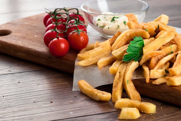 French Fries Cherry Tomatoes Garlic Sauce Wooden Brown Background Close — Stock Photo, Image