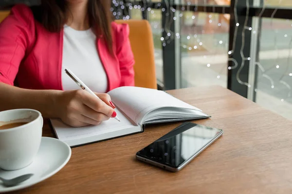 若い女性がカフェで座っていると、日記にぶら下がっています。昼食時、ピンクのスーツで深刻な若いビジネスマン弁護士の肖像画 — ストック写真