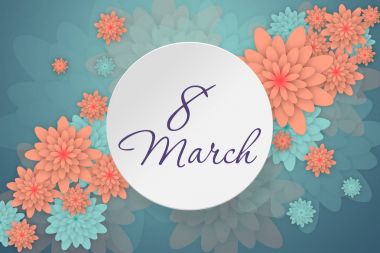 Mutlu kadın - 8 Mart, tatil arka plan kağıt, çerçeve çiçek ile günü. Soyut mavi çiçek tebrik kartı. Moda tasarım şablonu.