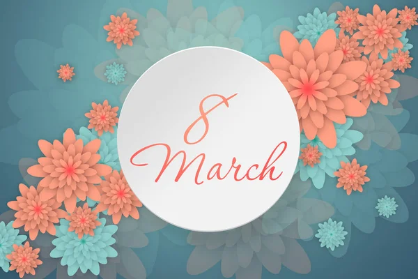Internationale dag van de Happy Women - 8 maart, vakantie achtergrond met papier, Frame van bloemen. Abstract blue floral wenskaart. Modieuze ontwerpsjabloon. — Stockfoto