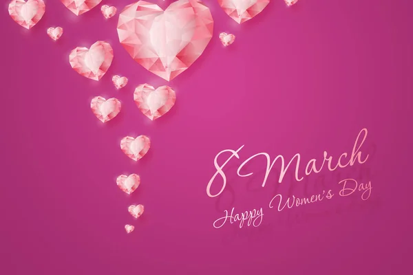 8 de marzo, Día Internacional de la Mujer. Concepto de celebración, pancarta, póster, invitación, fondo rosa, diamantes del corazón . —  Fotos de Stock