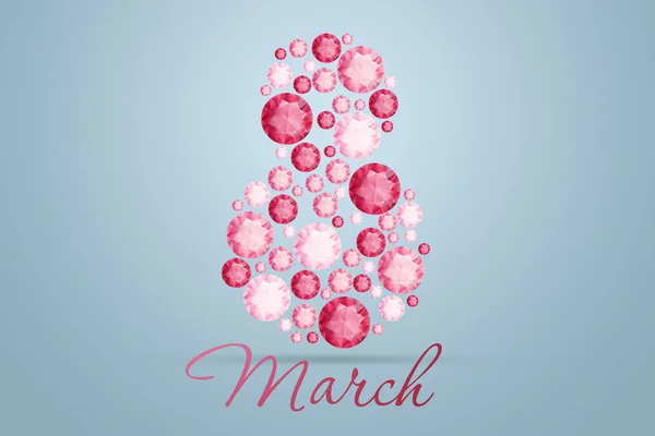 Internationale Vrouwendag, 8 maart. Het cijfer 8 bestaat uit roze diamanten, edelstenen. Viering concept, spandoek, poster, uitnodiging, achtergrond. — Stockfoto