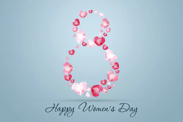 Día Internacional de la Mujer, 8 de marzo. La figura 8 está formada por diamantes rosas, piedras preciosas. Concepto de celebración, pancarta, póster, invitación, fondo . —  Fotos de Stock