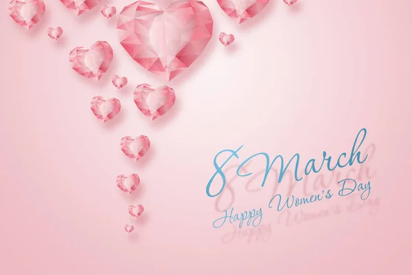 8 de marzo, Día Internacional de la Mujer. Concepto de celebración, pancarta, póster, invitación, fondo rosa, diamantes del corazón . —  Fotos de Stock