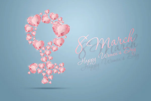 Internationale Vrouwendag, 8 maart, het teken van een vrouw is samengesteld uit roze diamanten, edelstenen. Viering concept, spandoek, poster, uitnodiging, achtergrond. — Stockfoto