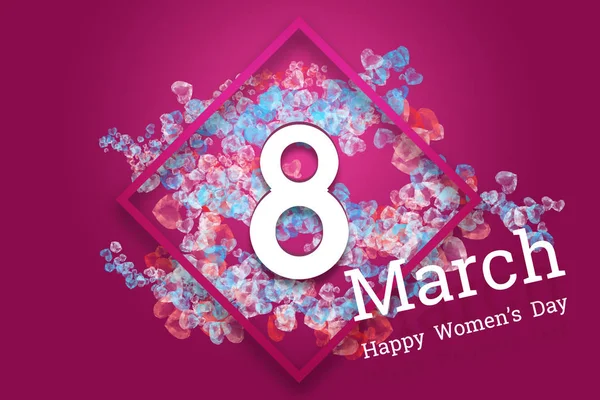 8 de marzo, Día Internacional de la Mujer. Concepto de celebración, pancarta, póster, invitación, fondo rosa, flores . —  Fotos de Stock