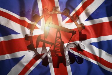 Petrol platformu Büyük Britanya bayrağı arka üzerinde. Karma ortamı. Petrol üretimi, mineraller, yeni mevduat, kalkınma kavramı de.