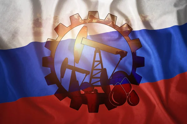Plate-forme pétrolière sur le fond du drapeau russe. Environnement mixte. Le concept de production pétrolière, minéraux, mise en valeur de nouveaux gisements, puits . — Photo