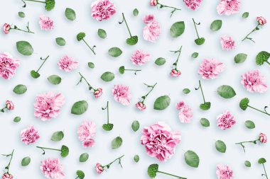 Pattern of pink and beige roses and green leaves on a white background. flat lay, top view, Mixed media. Spring background, Valentine's day, March 8 clipart