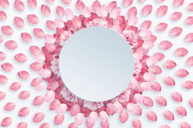 Bahar arka plan, yuvarlak kare, pembe, kırmızı karanfiller hafif bir arka plan üzerinde bir çelenk. Çiçek arka plan. alanı, düz yatıyordu, en iyi görünüm, karışık teknik kopyalayın. Sevgililer günü, 8 Mart