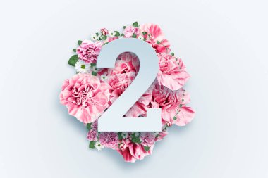 İki pembe çiçekler ve yeşil yaprakları bir arka plan üzerinde bir rakam. Bahar açık renkli. yat, uzay, karışık teknik, üstten görünüm Kopyala.