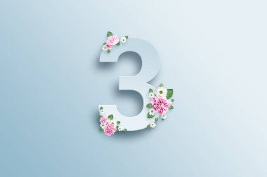 Bir rakam üç, gül pembe ve yeşil bir ışık arka plan üzerinde bırakır. Bahar arka plan. yat, uzay, karışık teknik, üstten görünüm Kopyala.