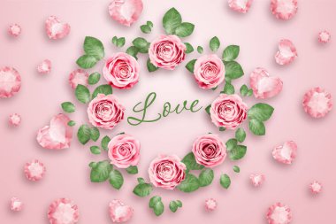 Yazıt aşk, pembe Gül ve yeşil yaprakları parlak pembe bir arka plan ile. Bahar arka plan. yat, uzay, karışık teknik, üstten görünüm Kopyala.