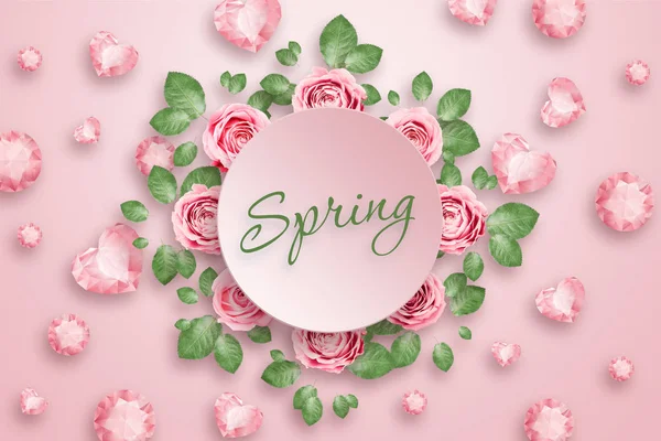 Inscription Spring, Pink roses and green leaves of a luminous pink background. Spring background. flat lay, copy space, Mixed media, top view. — Stock Photo, Image
