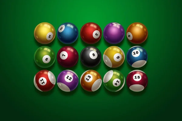 Bilhar, conjunto completo de bolas de bilhar isoladas num fundo verde. Snooker. Ilustração — Fotografia de Stock