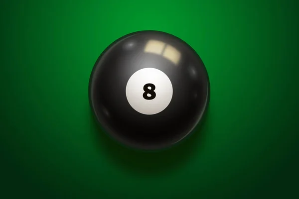 Black realistic billiard eight ball on green table. — Stock Photo, Image