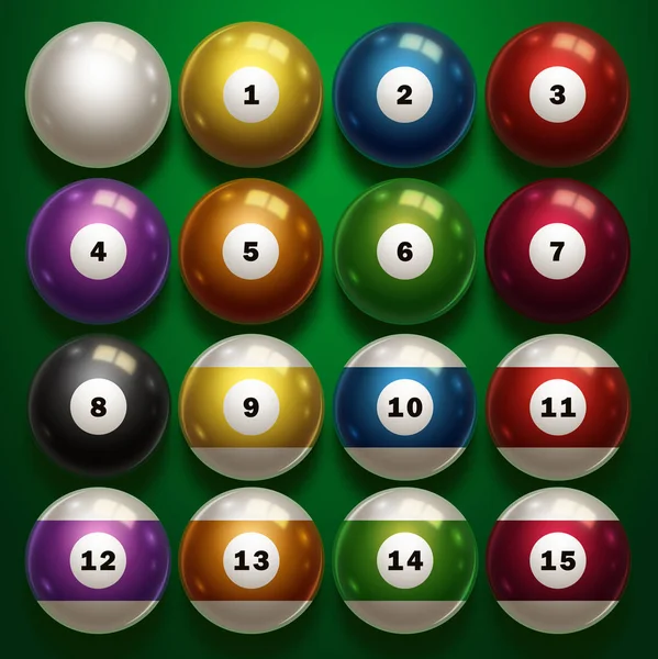 Bilhar, conjunto completo de bolas de bilhar isoladas num fundo verde. Snooker. Ilustração — Fotografia de Stock