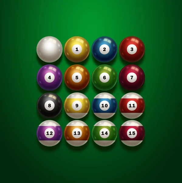 Bilardo, tam yeşil bir arka plan üzerinde izole bilardo topları ayarla. Snooker. illüstrasyon — Stok fotoğraf