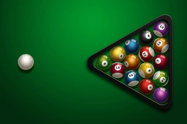 Sports theme with billiards, a full set of billiard balls, cue, on a green background. top view, flat lay, copy space, snooker. illustration — Stock Photo, Image