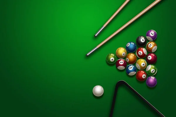 Bilardo, Bilardo topları, cue, yeşil bir arka plan üzerinde tam bir set ile spor tema. Üstten Görünüm, düz yerde kal, kopya alanı, snooker. illüstrasyon — Stok fotoğraf