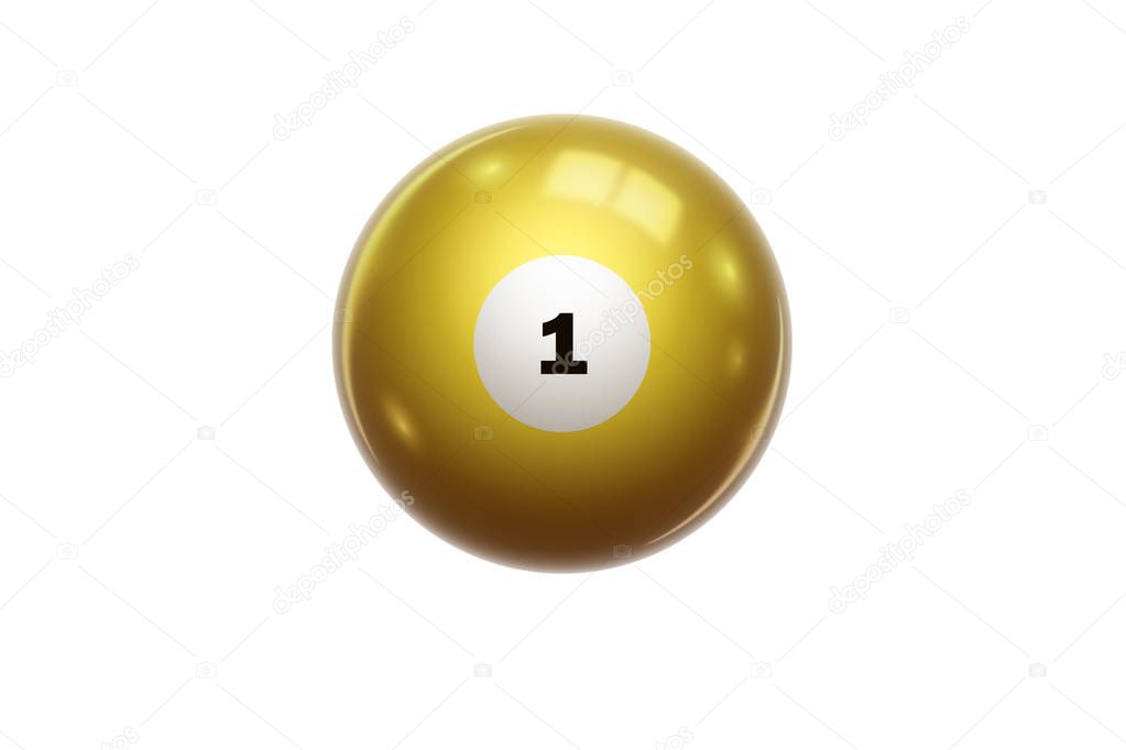 Billiards, yellow balloon at number 1, one, isolated on white background. Snooker. Illustration