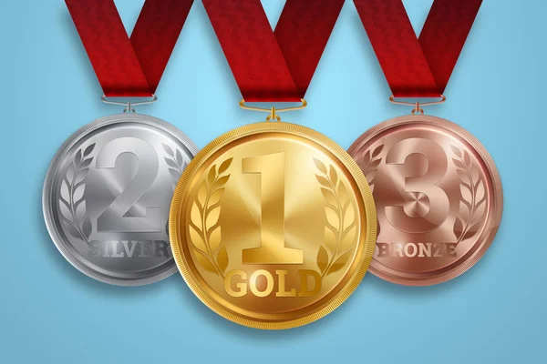A set of gold, silver and bronze medals, the first, second and third place. Winner, champion, number one, two, three. Red ribbon. Isolated on white background. Realistic illustration. Sports theme.