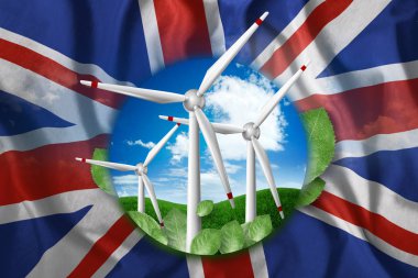 Serbest enerji, yel değirmenleri arka plan doğa ve İngiltere bayrağı karşı. Temiz enerji, yenilenebilir enerji kaynakları, bedava elektrik, karışık kavramı.