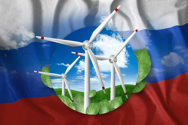 Énergie libre, moulins à vent dans le contexte de la nature et le drapeau de la Russie. Le concept d'énergie propre, sources d'énergie renouvelables, électricité gratuite, Techniques mixtes . — Photo
