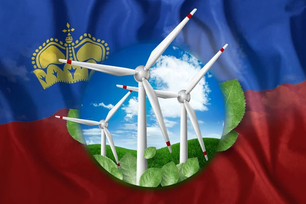 Free energy, windmills against the background of nature and the flag of Liechtenstein. The concept of clean energy, renewable energy sources, free electricity, Mixed media.