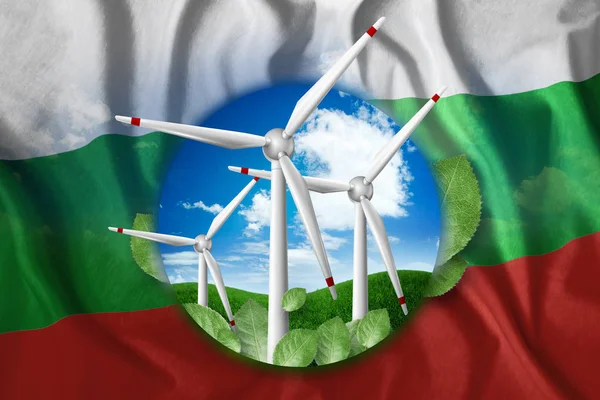 Free energy, windmills against the background of nature and the flag of Bulgaria. The concept of clean energy, renewable energy sources, free electricity, Mixed media.