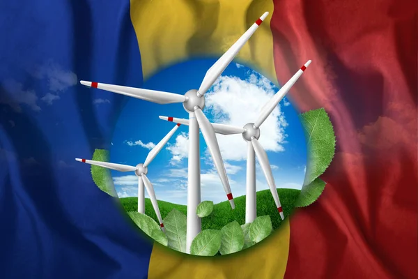 Serbest enerji, yel değirmenleri arka plan doğa ve Moldova bayrağı karşı. Temiz enerji, yenilenebilir enerji kaynakları, bedava elektrik, karışık kavramı. — Stok fotoğraf