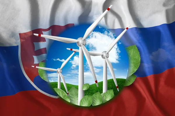 Free energy, windmills against the background of nature and the flag of Slovakia. The concept of clean energy, renewable energy sources, free electricity, Mixed media.