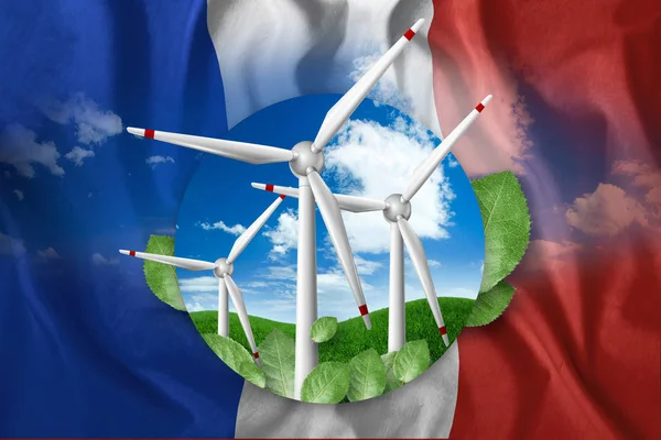 Free energy, windmills against the background of nature and the flag of France. The concept of clean energy, renewable energy sources, free electricity, Mixed media.