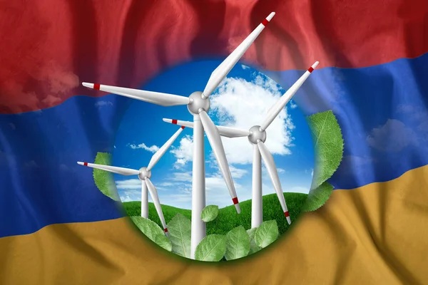 Free energy, windmills against the background of nature and the flag of Armenia. The concept of clean energy, renewable energy sources, free electricity, Mixed media.