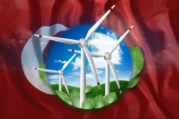 自由能源, 风车反对自然背景和土耳其的旗子。清洁能源、可再生能源、自由电、混合介质的概念. — 图库照片