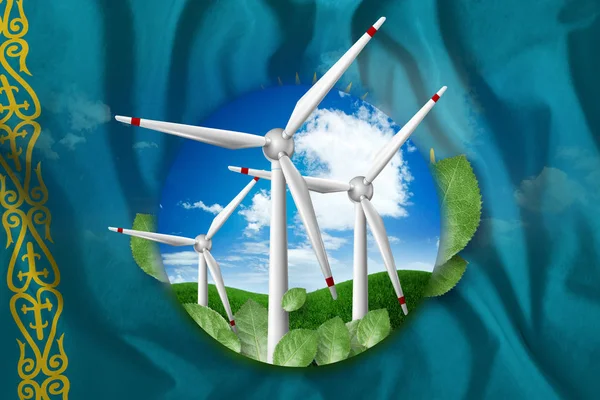 Free energy, windmills against the background of nature and the flag of Kazakhstan. The concept of clean energy, renewable energy sources, free electricity, Mixed media.