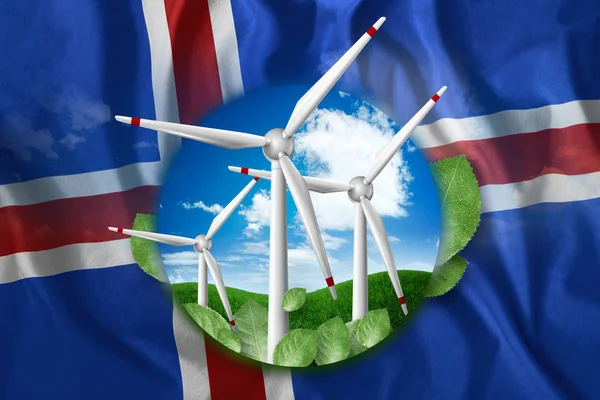 Kostenlose Energie, Windmühlen vor dem Hintergrund der Natur und die Flagge von Island. das Konzept der sauberen Energie, erneuerbare Energiequellen, kostenlose Elektrizität, Mischtechnik. — Stockfoto