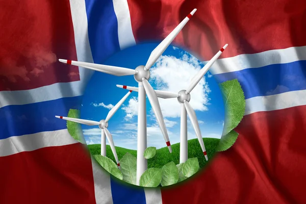 Kostenlose Energie, Windmühlen vor dem Hintergrund der Natur und die Flagge Norwegens. das Konzept der sauberen Energie, erneuerbare Energiequellen, kostenlose Elektrizität, Mischtechnik. — Stockfoto