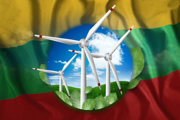 Free energy, windmills against the background of nature and the flag of Lithuania. The concept of clean energy, renewable energy sources, free electricity, Mixed media.